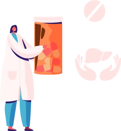 Female Doctor In Medical Robe Holding Pills Bottle Icons Of Medicine Tablet And Liver In Hands Nearby Hepatitis Treatment In Clinic Or Hospital Healthcare Medicine Cartoon Flat Vector Illustration Illustration