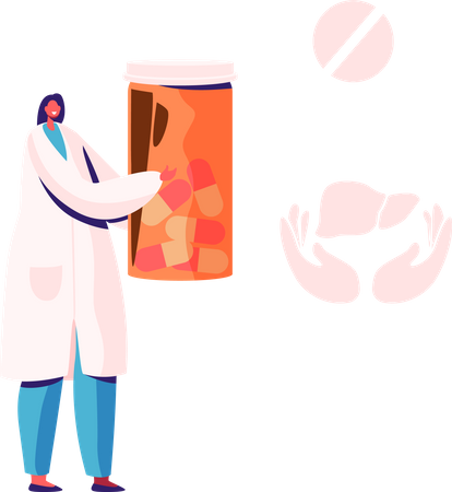 Female Doctor Holding Pills Bottle  Illustration