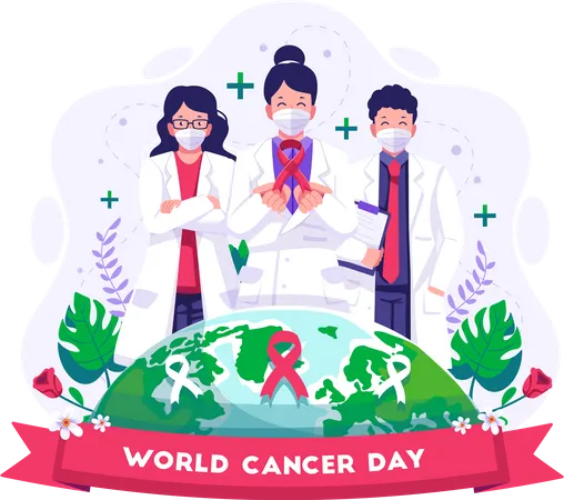 Female doctor holding red ribbon cancer awareness Illustration