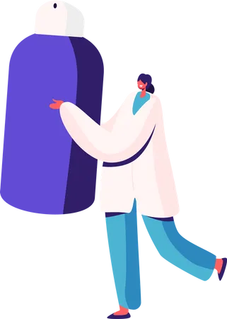 Female Doctor in Medical Robe Holding Medicine Bottle  Illustration