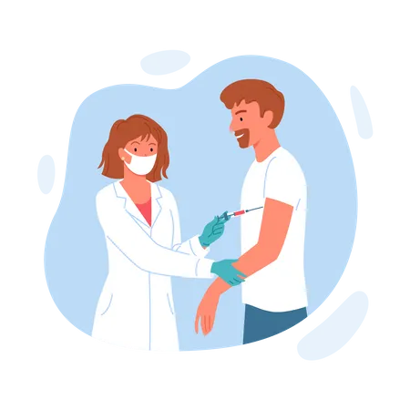 Female doctor injecting covid vaccination to man  Illustration