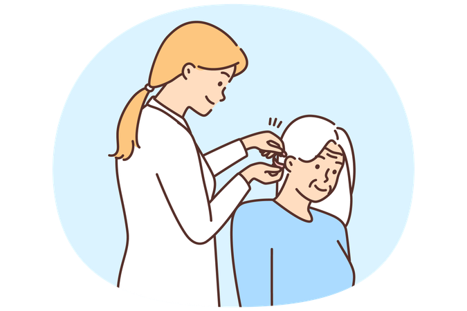 Female doctor install hearing aid to old patient  Illustration