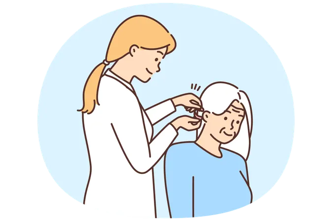 Female doctor install hearing aid to old patient  Illustration