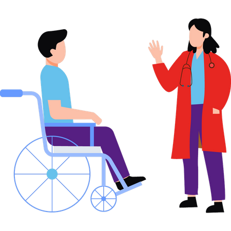 Female doctor is checking up on disabled patient on a wheelchair  Illustration