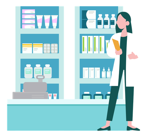 Female Doctor Looking At Medicine In Cabinet  Illustration