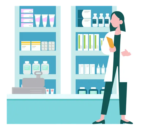 Female Doctor Looking At Medicine In Cabinet Illustration