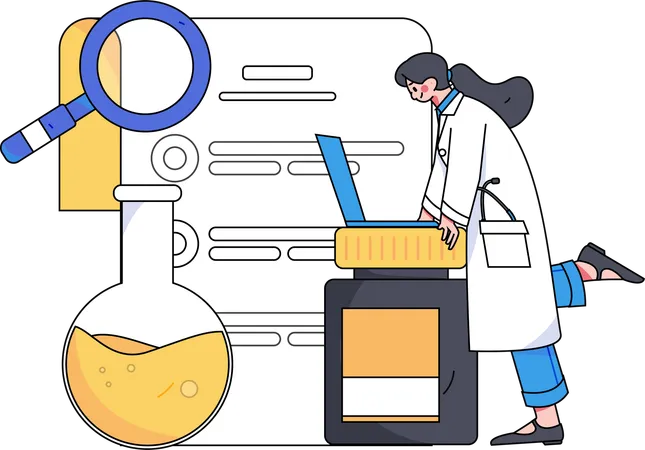 Female doctor looking medical report on laptop  Illustration