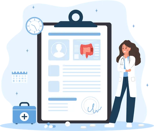 Proctologist Concept Female Doctor Make Diagnosis And Choose Treatment Methods Woman In Lab Coat Analysis Intestine Prevention Of Cancer Vector Illustration In Flat Cartoon Style Colon Diseases Illustration