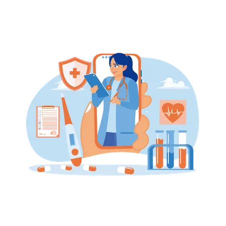 Female doctor on mobile phone screen  Illustration