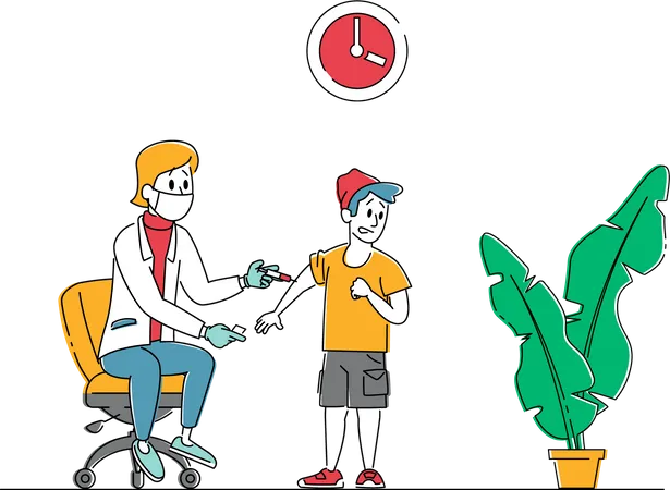 Little Patient Get Vaccine In Hospital Child Vaccination Immunization Procedure Female Doctor Character Put Injection To Kid Medic Shoot Medicine In Boy Shoulder Linear People Vector Illustration Illustration