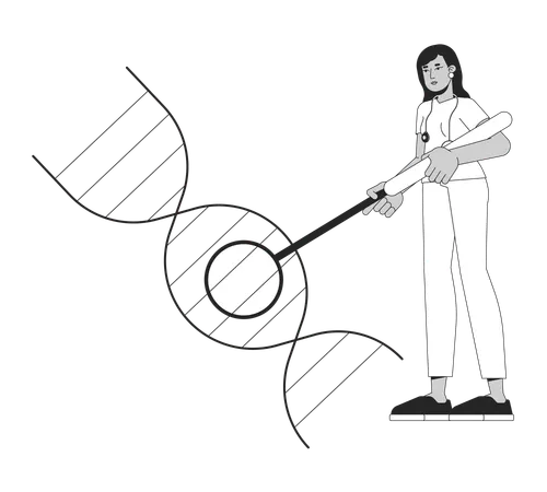 Female Doctor Researching Dna Helix Black And White 2 D Line Cartoon Character Genetic Diseases Specialist Isolated Vector Outline Person Decoding Human Genome Monochromatic Flat Spot Illustration Illustration