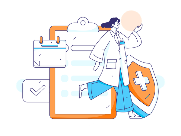Female doctor running with medical insurance  イラスト