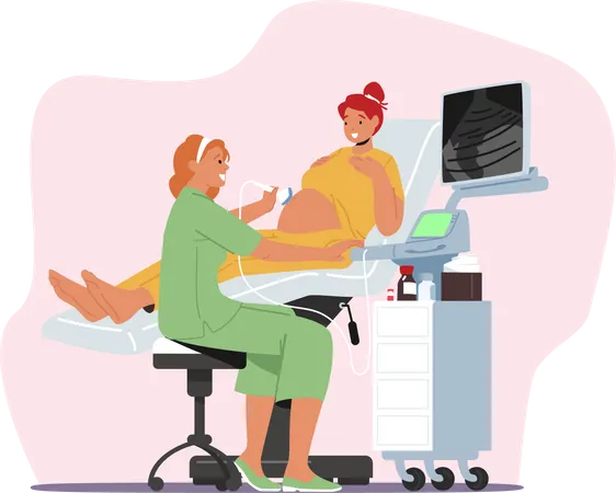 Female doctor scanning pregnant woman stomach with ultrasound machine Illustration