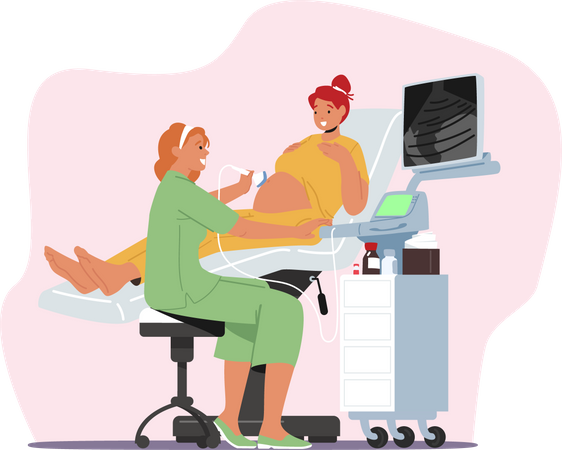 Female doctor scanning pregnant woman stomach with ultrasound machine  Illustration