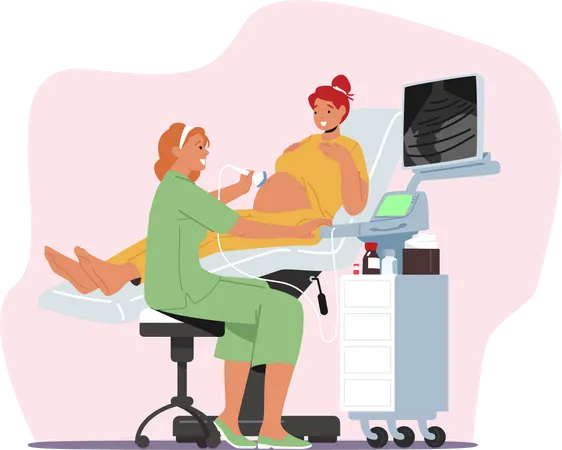 Female doctor scanning pregnant woman stomach with ultrasound machine  Illustration