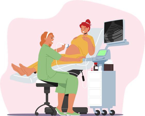 Female doctor scanning pregnant woman stomach with ultrasound machine  일러스트레이션