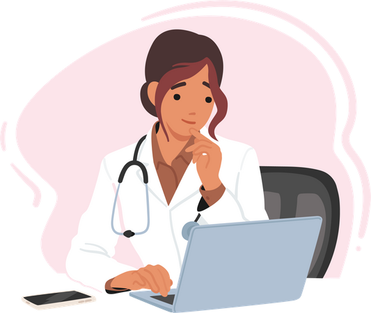 Female doctor sitting at desk Illustration