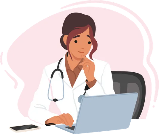 Female doctor sitting at desk  Illustration