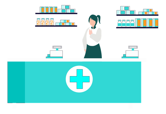Female Doctor Standing By Cashier Machine In Pharmacy  イラスト