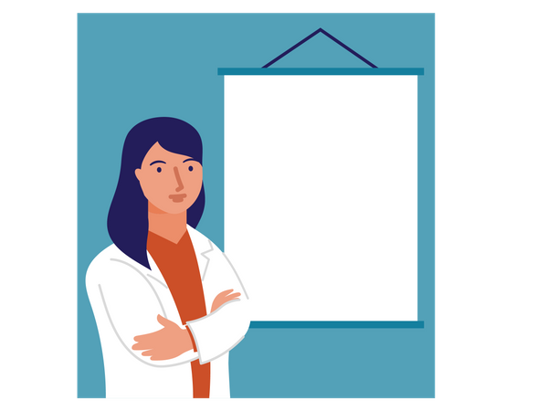 Female doctor standing front of blank board Illustration