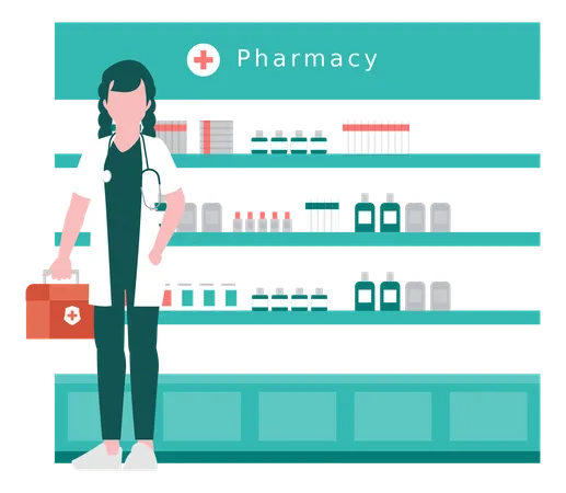The Female Doctor Is Standing In Pharmacy Illustration