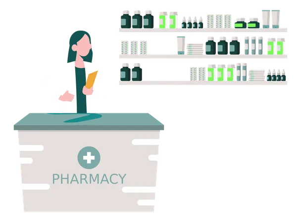 Female Doctor Standing In Pharmacy  Illustration