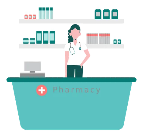 Female Doctor Standing In The Pharmacy  Illustration