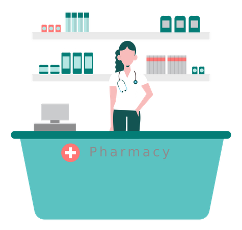 Female Doctor Standing In The Pharmacy  Illustration