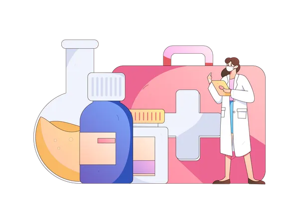 Female doctor standing with medicine and first aid box  Illustration