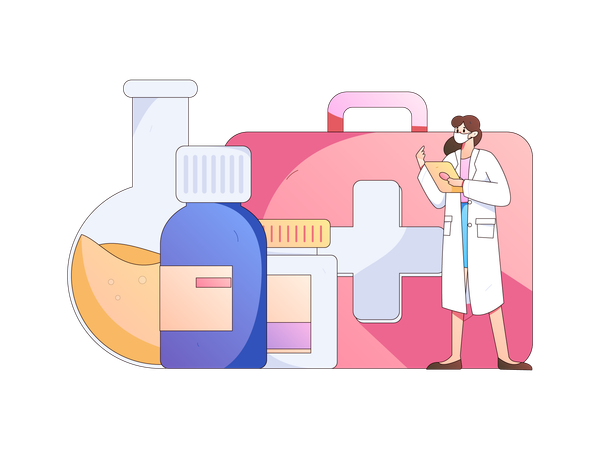 Female doctor standing with medicine and first aid box  Illustration