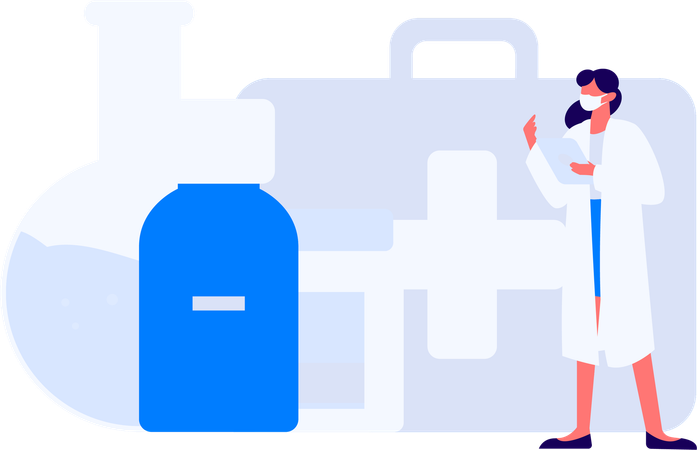 Female doctor standing with medicine and first aid box  Illustration