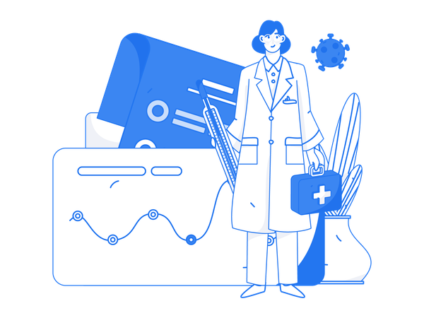 Female doctor standing with thermometer and medical box  イラスト