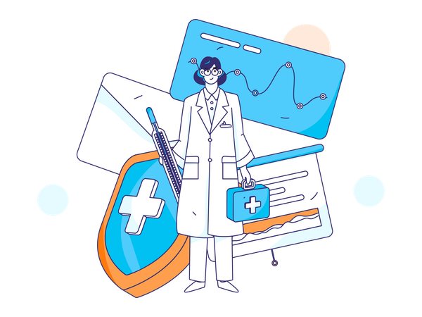 Female doctor standing with thermometer and medical box  Illustration