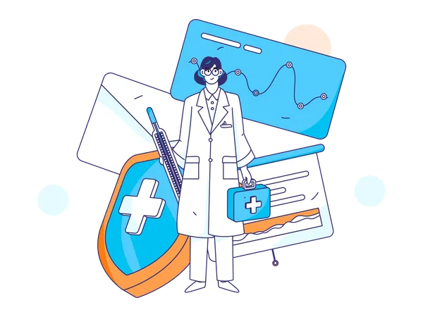 Female doctor standing with thermometer and medical box  イラスト