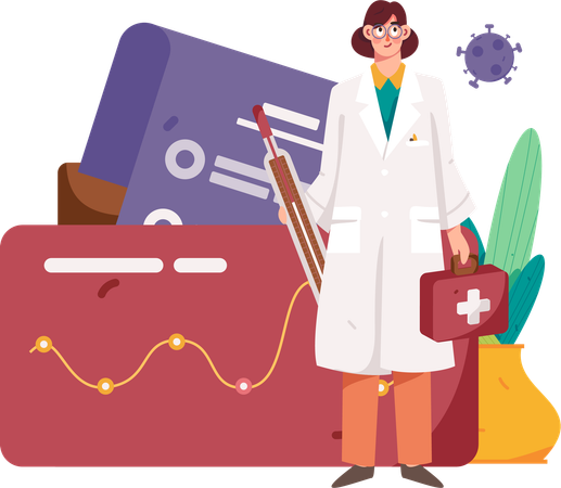 Female doctor standing with thermometer and medical box  Illustration