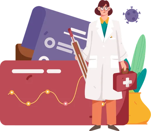 Female doctor standing with thermometer and medical box  Illustration