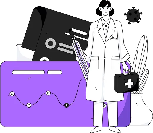 Female doctor standing with thermometer and medical box  Illustration