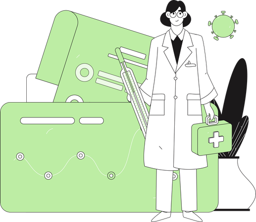 Female doctor standing with thermometer and medical box  Illustration