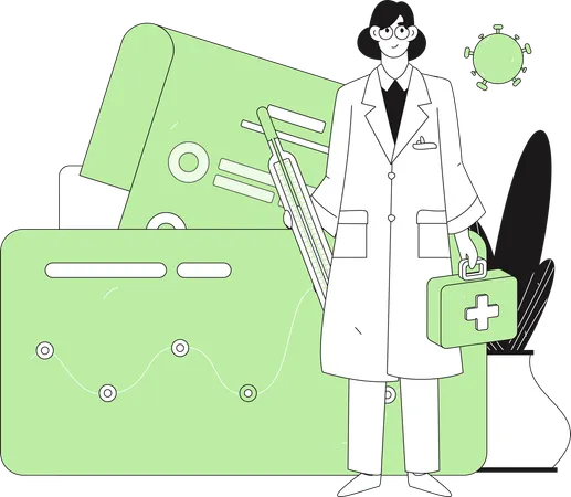 Female doctor standing with thermometer and medical box  Illustration