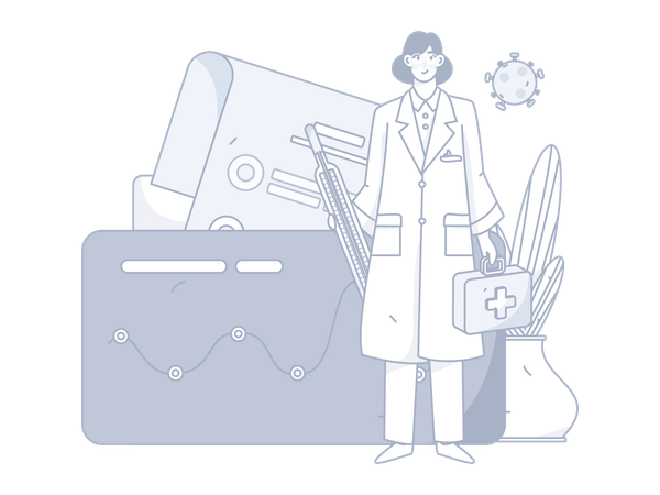 Female doctor standing with thermometer and medical box  Illustration