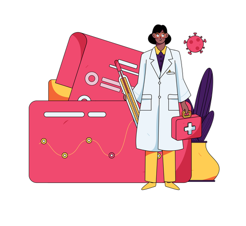 Female doctor standing with thermometer and medical box  Illustration