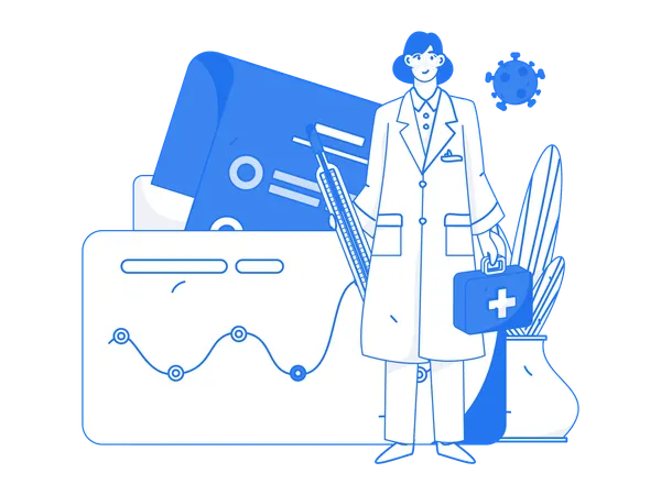 Female doctor standing with thermometer and medical box  Illustration