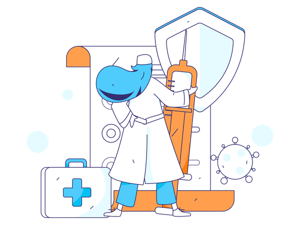 Female doctor standing with vaccine and first aid box  Illustration
