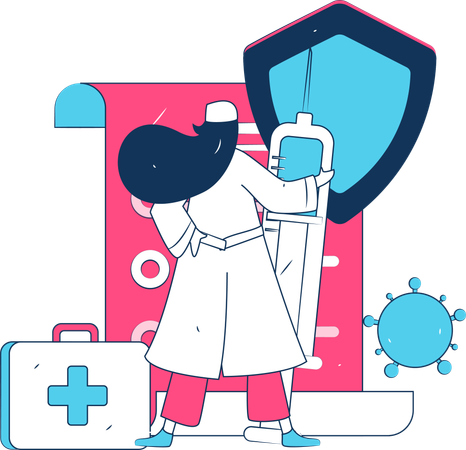 Female Doctor Standing With Vaccine And First Aid Box  Illustration