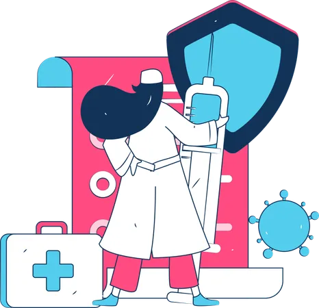 Female Doctor Standing With Vaccine And First Aid Box  Illustration