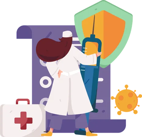 Female doctor standing with vaccine and first aid box  Illustration