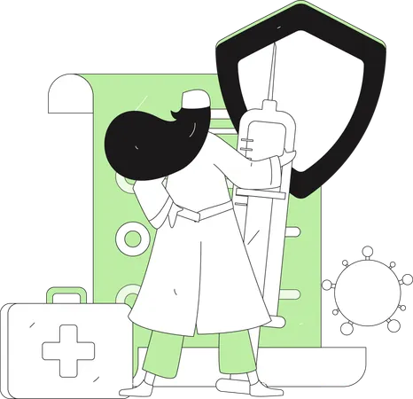 Female doctor standing with vaccine and first aid box  Illustration
