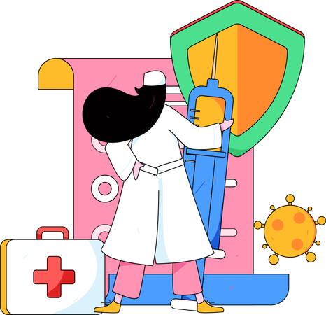 Female doctor standing with vaccine and first aid box  Illustration