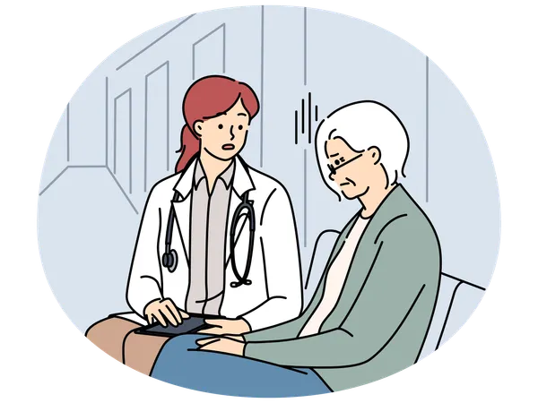 Female doctor talking with elderly grandmother at hospital  Illustration
