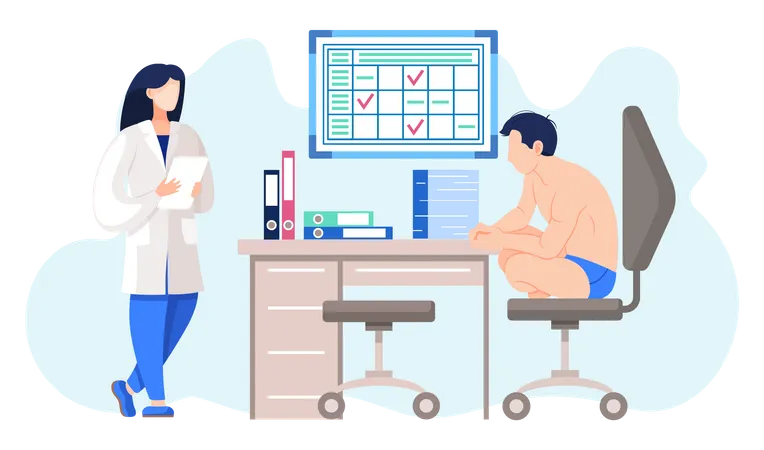 Female doctor treating man with body problems Illustration